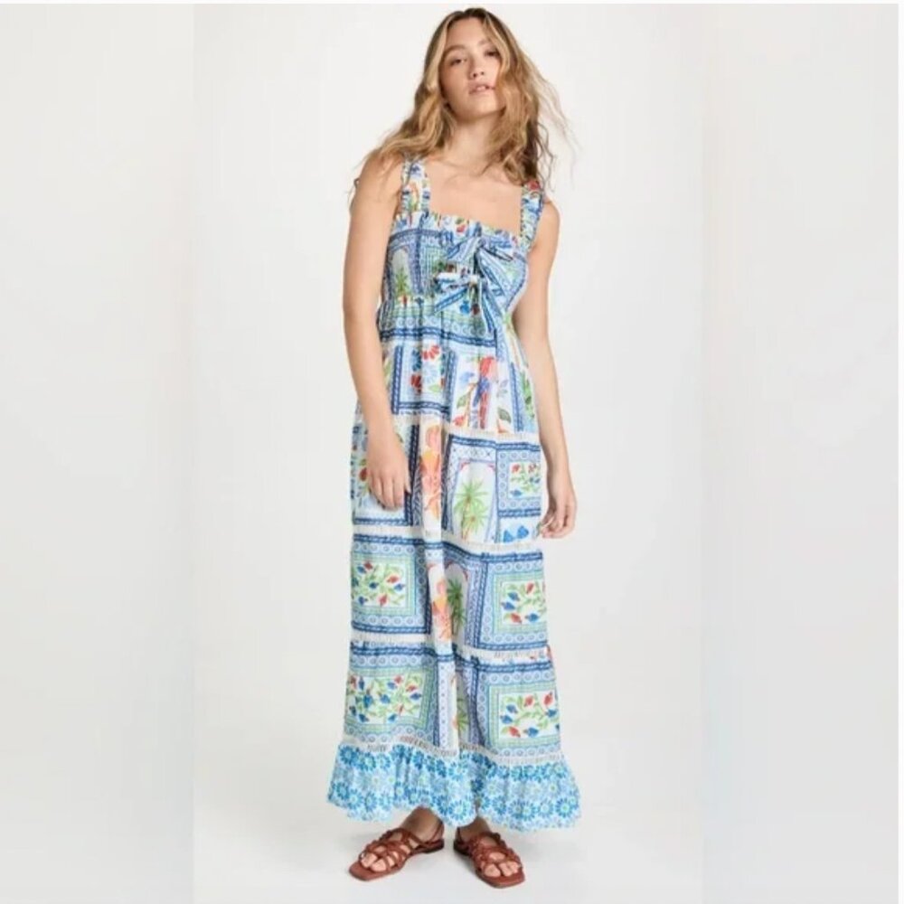 Farm Rio Tropical Tiles Square Neck Maxi Dress Size Small
